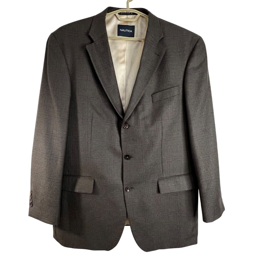Nautica Mens Gray Tweed Plaid Wool Cashmere Blazer Jacket 46L Superior Tailoring